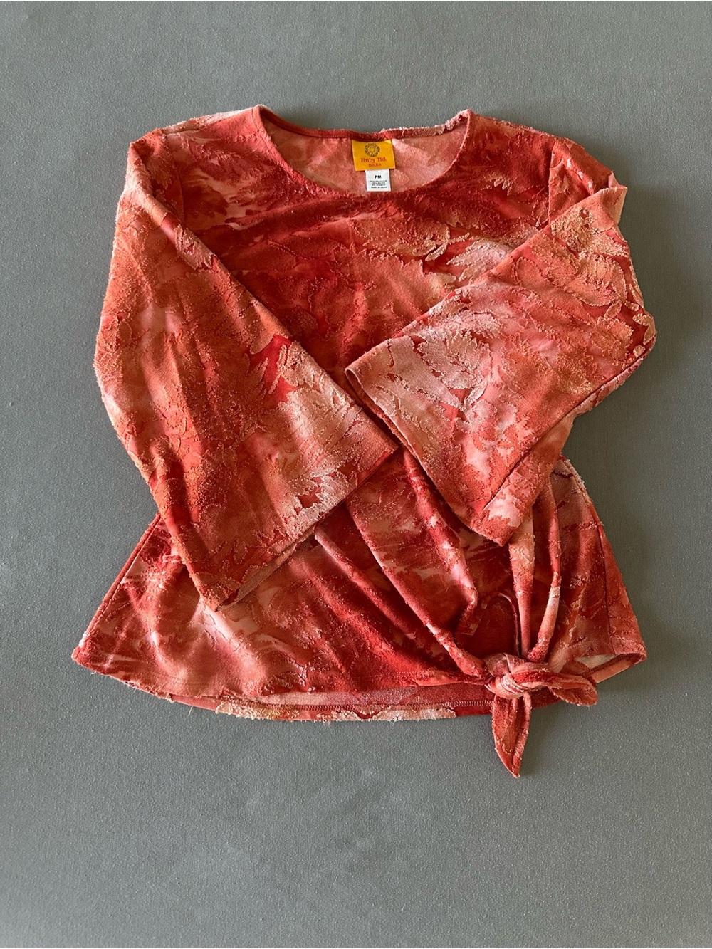 Ruby Rd. Red/Orange Textured Floral Bell Sleeve Tie Top